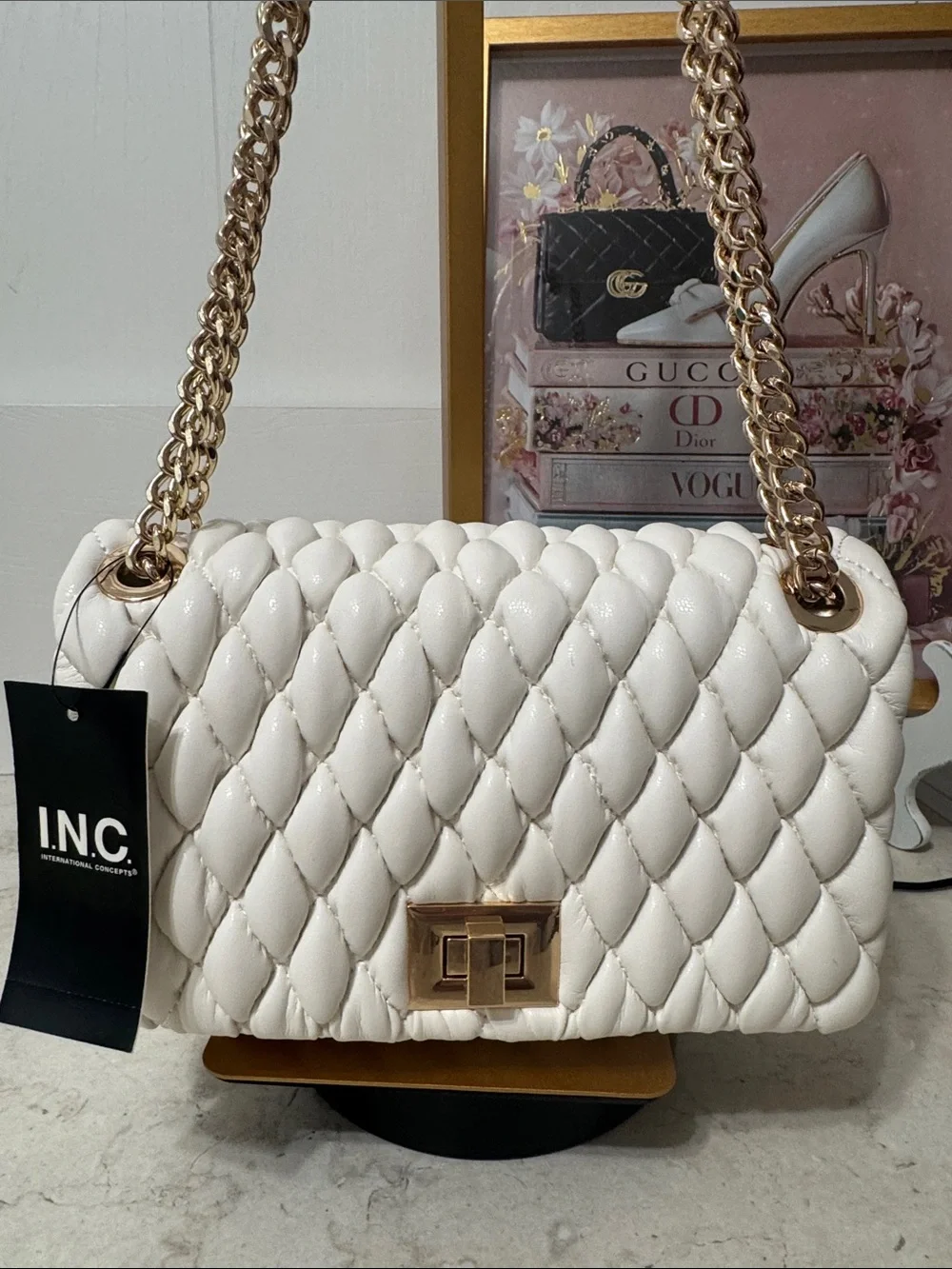 INC International Concepts White Quilted Shoulder Bag with Gold Chain